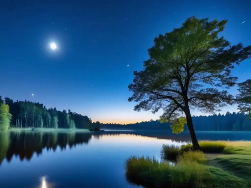 Breathtaking Nightscape: Peaceful Trees, Moonlit Lake, Blue Sky A stunning photograph of a calm and serene landscape under the moonlight, with the blue sky in the background