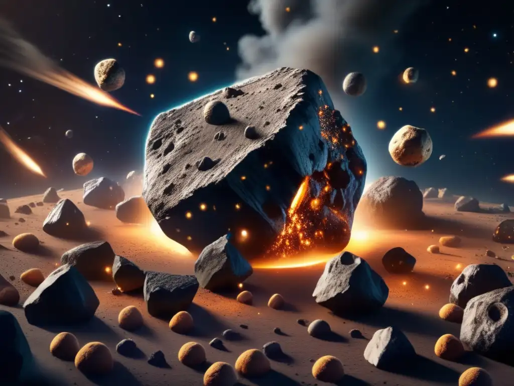 An eerie photorealistic portrayal of an asteroid belt ablaze with glowing lights and ethereal smoke, evoking a sense of mystery and foreboding