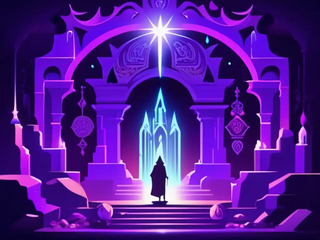 In this dreamy underground cavern, purple crystals cast otherworldly light on the mysterious figure illuminated by them