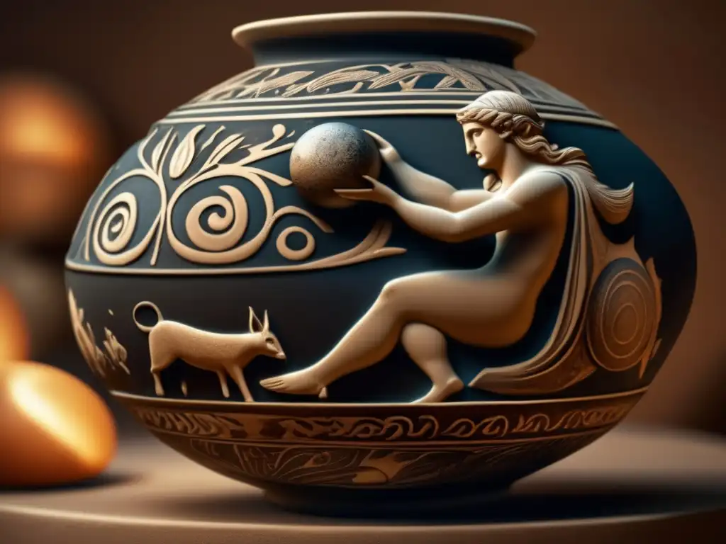 Mythological Encounter: Ancient Greek Pottery & Asteroid Photorealistic style depicts ancient Greek pottery detailing mythological character holding a small asteroid intoken of love