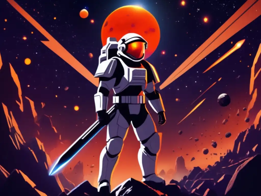 _A photorealistic image of a mythical hero emerges from the asteroid field, glowing and victorious