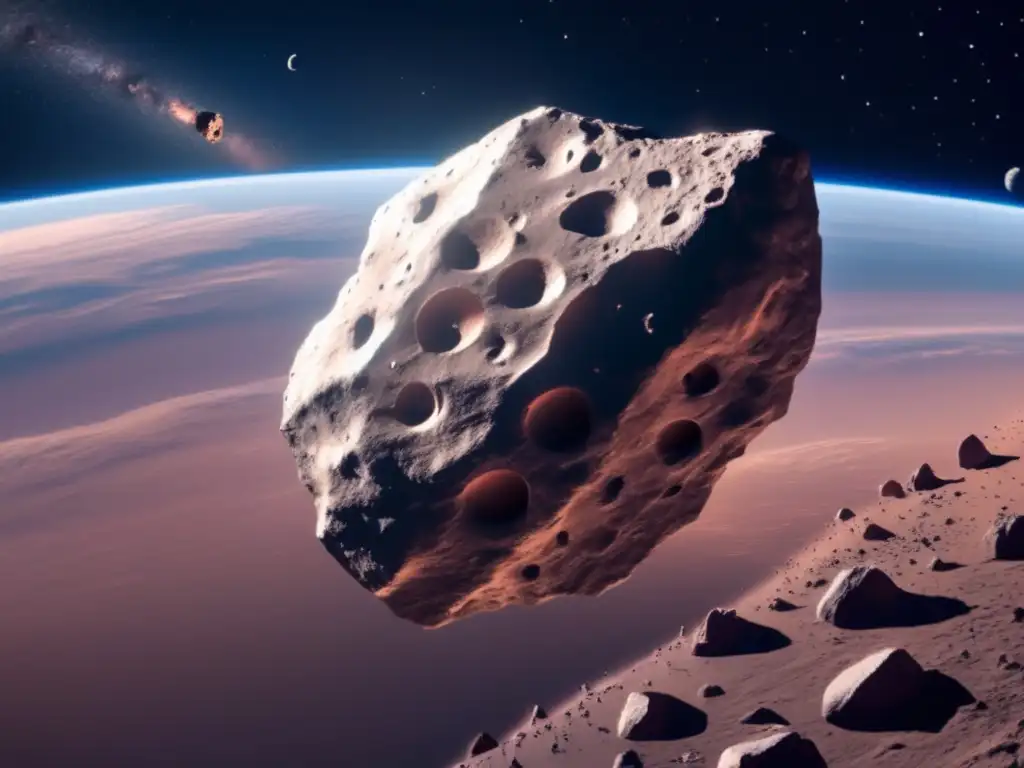 Borisov Asteroid: Photorealistic Closeup of the Irregularly Shaped, Reddish-Tinted Spacecraft Orbiting the Large Stratospheric Planet by NASA Dash-NASA-orbiting-asteroid-Borisov-highly-detailed-spacecraft-photorealistic-style-space-exploration-discoveries-advancements