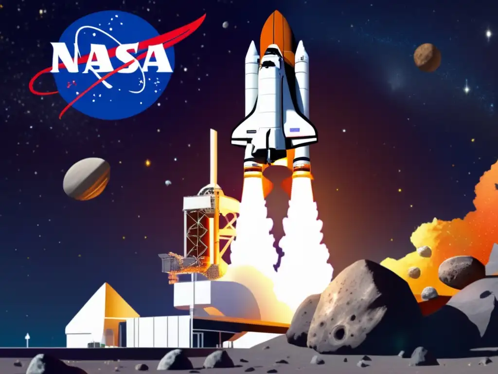 A magnificent space adventure captured in stunning detail, featuring a NASA space shuttle orbiting a vibrant asteroid against a vast expanse of cosmos
