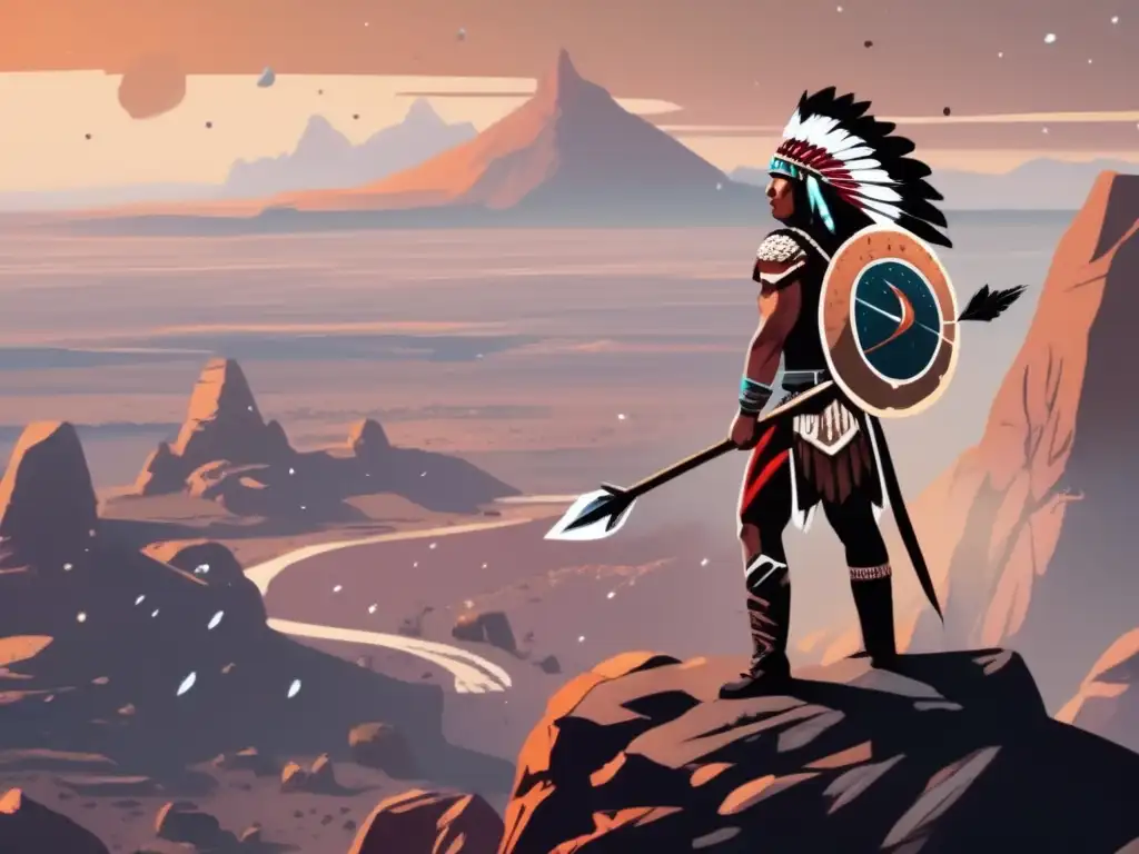 A powerful Native American warrior stands tall on a rocky cliff, surveying the rugged terrain below
