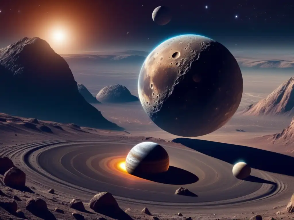 A breathtaking photorealistic depiction of Vesta and Ceres orbiting around the sun, set against a cosmic backdrop of nebulae and galaxies