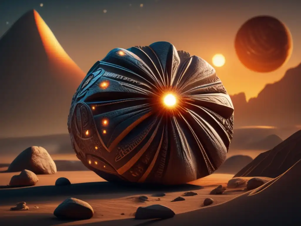 A photorealistic image of a large asteroid, intricately carved with indigenous symbols, symbolizes the legend of Nhandecy, the Brazilian folklore hero who dared to confront the fallen sun