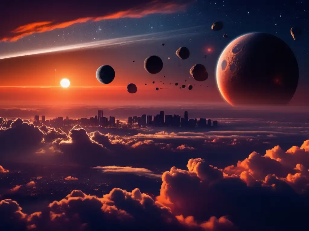 Dashing across the horizon, a dark orange sun sets into a serene night sky