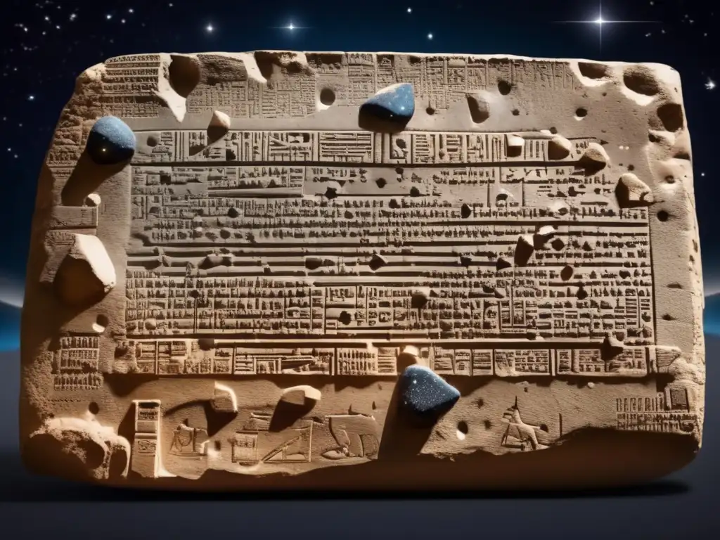 Babylonian Astronomy: Map of Starlit Night and Asteroids Marked Ancient knowledge curated in gold and red ink, the Babylonian cuneiform tablet reveals a detailed map of the night sky, marked with asteroids, a testament to their understanding of celestial bodies in their beliefs and daily happenings