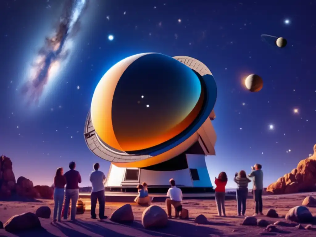 A stunning, highly detailed image of a group of passionate astronomers huddled around a large telescope, exploring the vast and awe-inspiring universe
