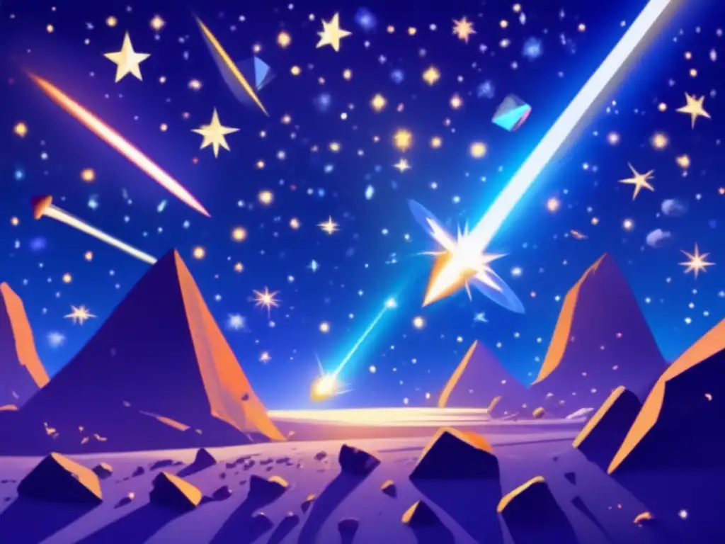 A celestial battlefield is lit up by the glow of glowing stars in this dramatic night sky view, as an army of asteroids moves across the sky