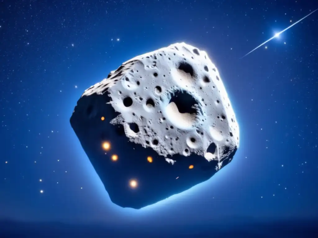 A stunningly beautiful and captivating image of an asymmetrical asteroid in the middle of the night sky, surrounded by sharp detail stars