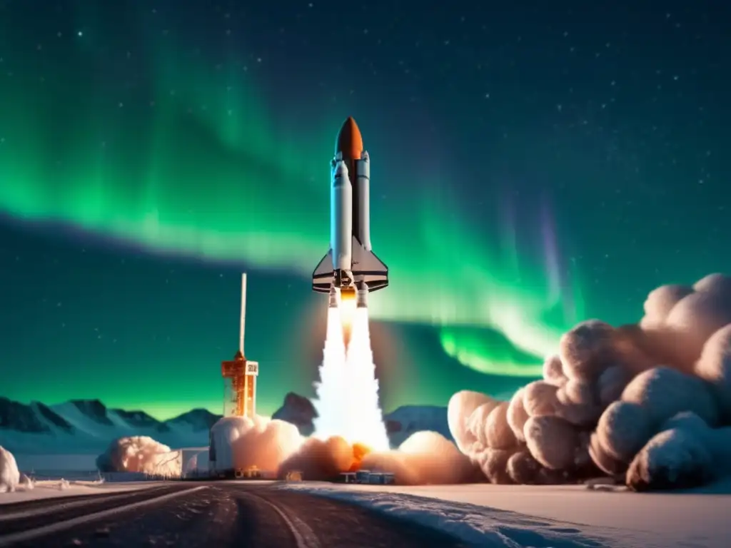 A stunning photorealistic image of an asteroid rocket blazing into the starry night sky, under the mesmerizing glow of the Aurora Borealis - truly captivating!