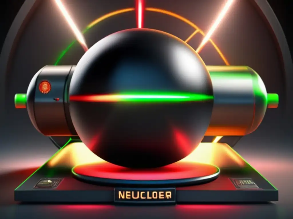 Jetblack Nuke Nestled on Sequoia Control Panel: This sleek nuclear bomb with intricate textures sits on a shiny aluminum surface, surrounded by a modern control panel