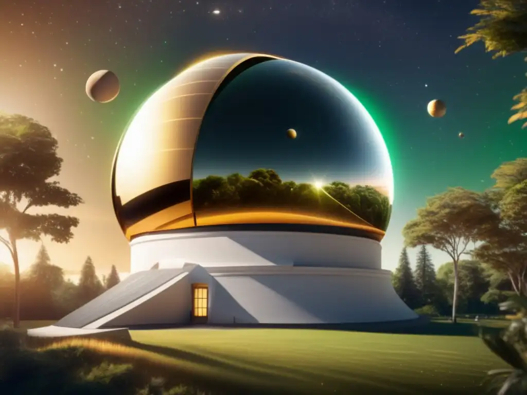 Juno in the Cosmos: A Photorealistic Colossus An observatory dome reflects sunlight onto telescopes, while Juno spacecraft soars past in a shimmering golden vehicle