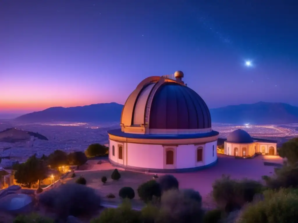 Stellar Observatory: Dusk Dome and Cosmic Journey Panoramic view of Palermo's Observatory during dusk, with its iconic dome and telescopes illuminated against the dark night sky, while Juno soars high above - a captivating and informative image for all astronomy enthusiasts