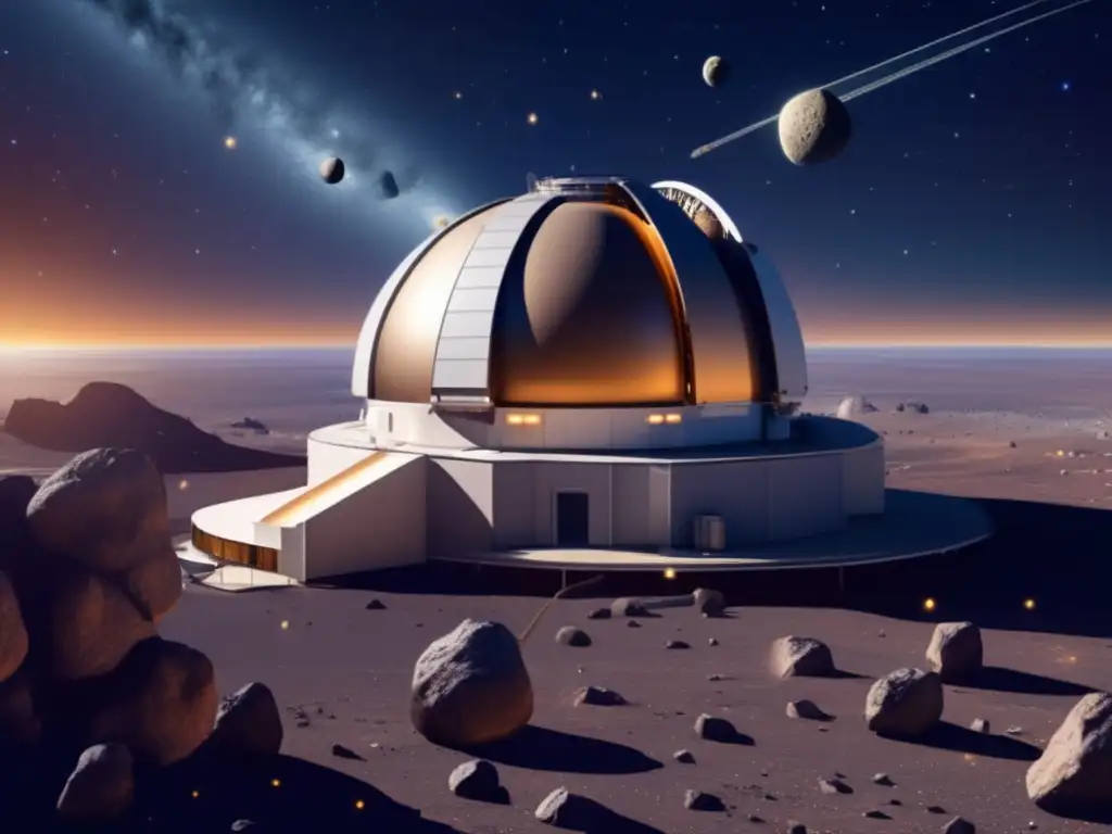 An awe-inspiring image captures the majesty of cosmos, with highly detailed observatory surrounded by asteroids, including Euphorbus
