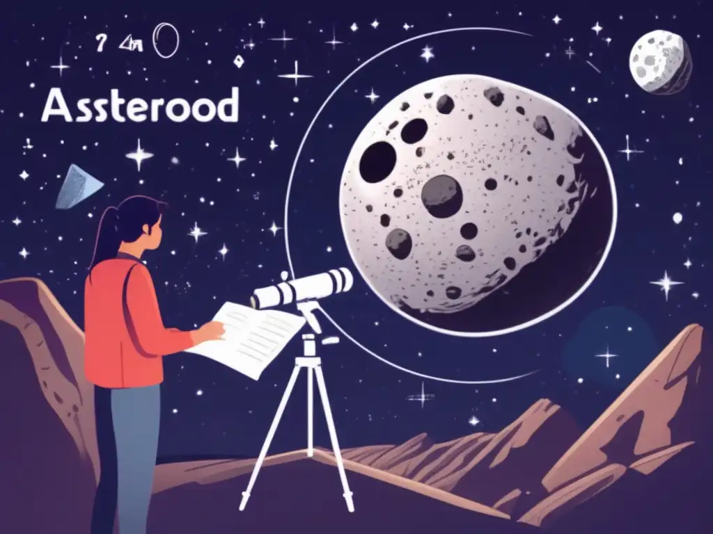 A scientist gazes intently through a massive telescope, focusing on an asteroid in the clear night sky