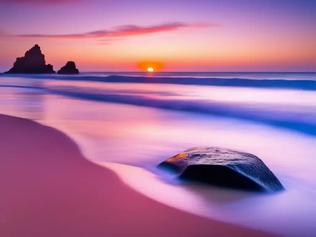 A breathtaking sunrise over a clear blue ocean, with waves gently lapping against the shore