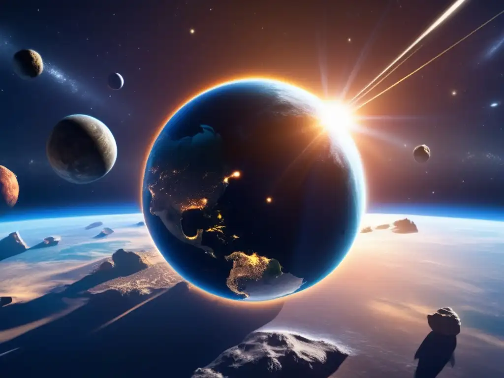 A stunning view of our home planet, Earth, as it orbits the sun, surrounded by the majestic asteroid belt