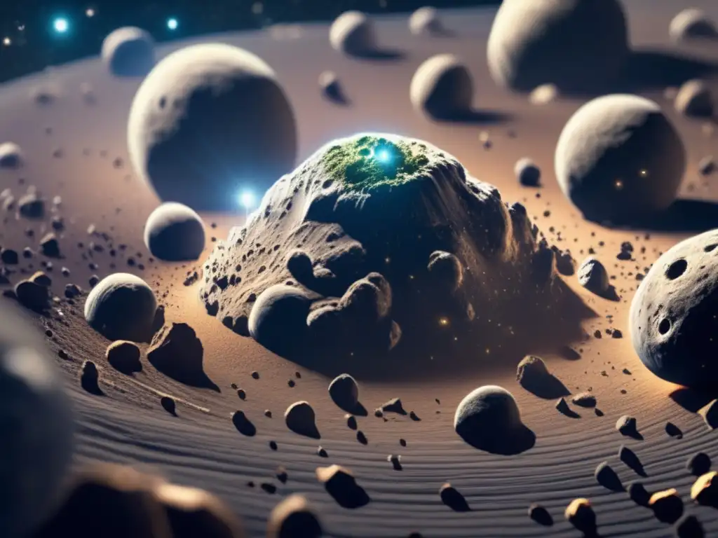Photorealistic Asteroid Belt: Organic Astrobiology Showcased Dash - An asteroid belt with a lush asteroid in the center, showing organic signs of life in a photorealistic image