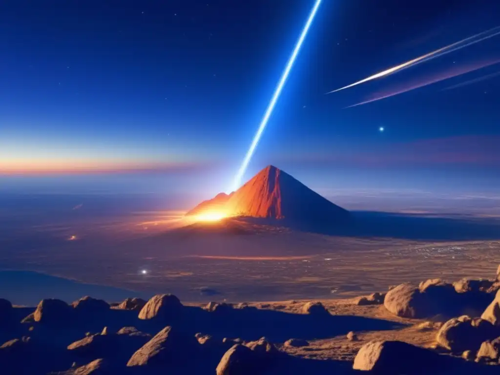 A piercing streak of light shot off into the vast expanse of space, framed between a cluttered cityscape and asteroid Orion's unique form