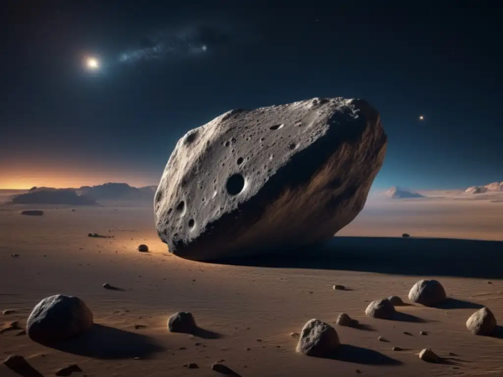 A magnificent, photorealistic depiction of Asteroid Panthous, showcasing its surface textures and features