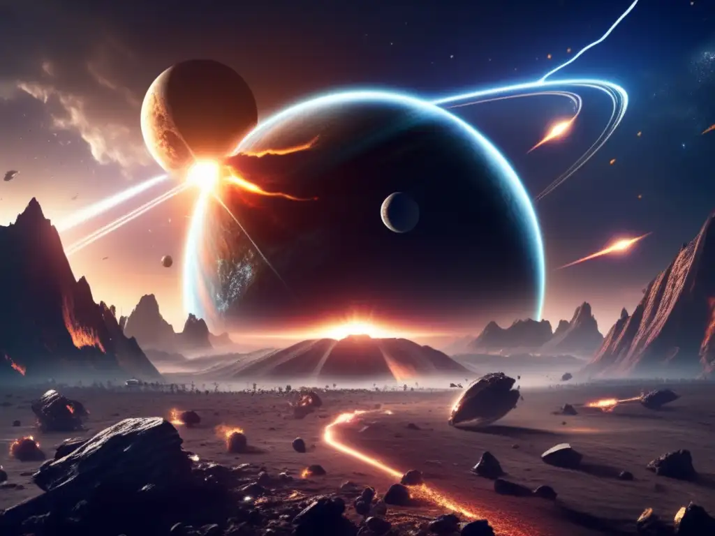 An urgent scene of a planet in peril, as an asteroid hurtles towards it