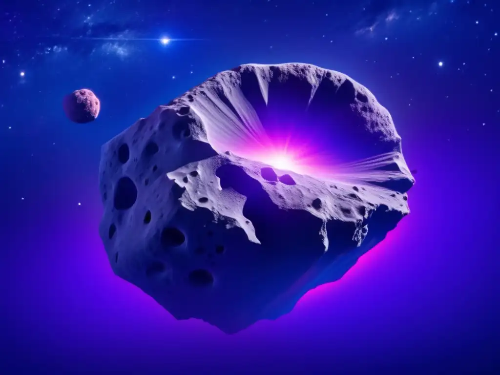 Blue and jagged asteroid in space dwarfed by nebula and stars ---