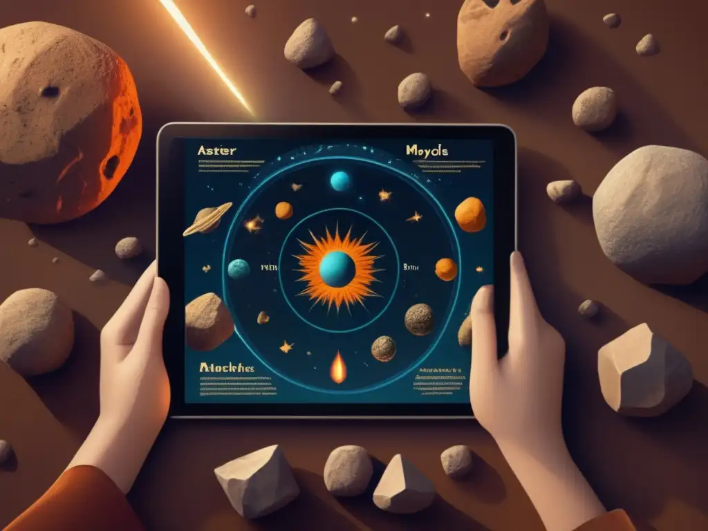 Unraveling Asteroid Myths: Ancient Persian Tales on a Tablet A photorealistic depiction of ancient Persian mythology featuring a closeup of a handheld written word tablet detailing legendary asteroid myths
