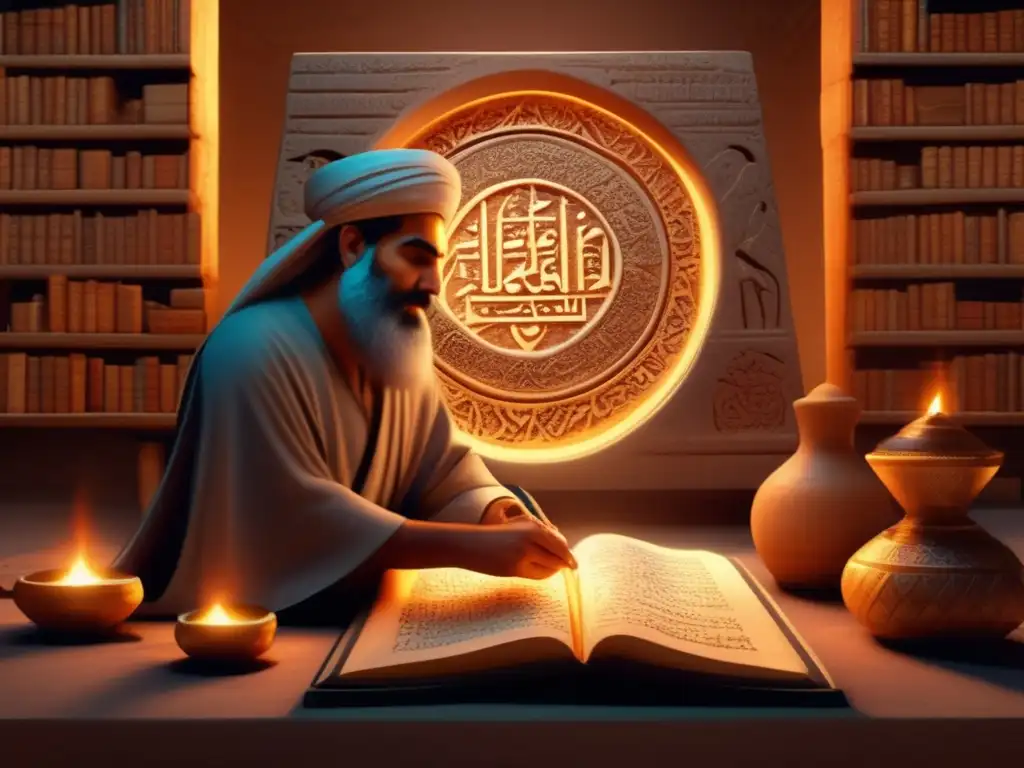 From Scroll to Stone: Ancient Persian Scribe Carving Asteroid Myths Ancient Persian scribe meticulously carving intricate symbols and stories onto a stone tablet under the soft glow of flickering firelight in a dimly lit room