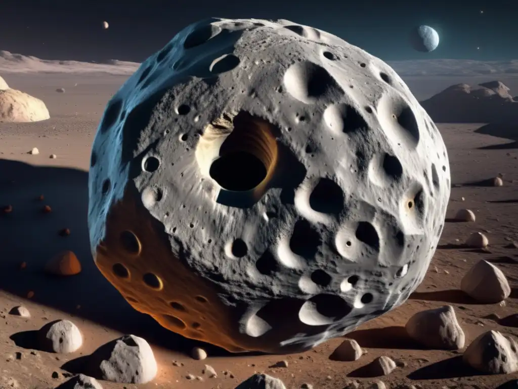 A photorealistic masterpiece of Asteroid 16 Psyche, with its unique shape and surface texture on full display