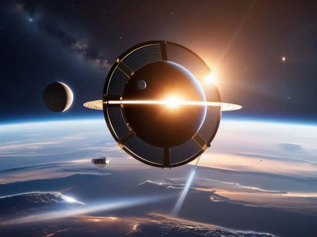 An awe-inspiring photorealistic image of a massive Planetary Shield being constructed around Earth, with the sun rising behind it