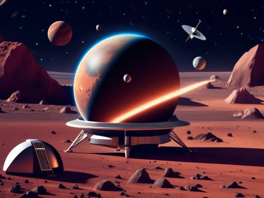 Dash: Planetary Defense on the Red Planet - Photorealistic Image
1 Photorealistic depiction of a fully equipped planetary defense system on a red planet, surrounded by asteroid field in a visually stunning way