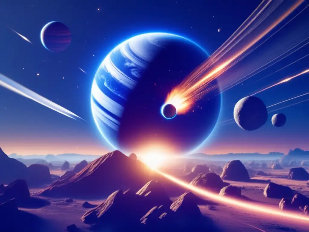 The sun rises, illuminating the cosmos in this 3D image of a vast blue and white planet