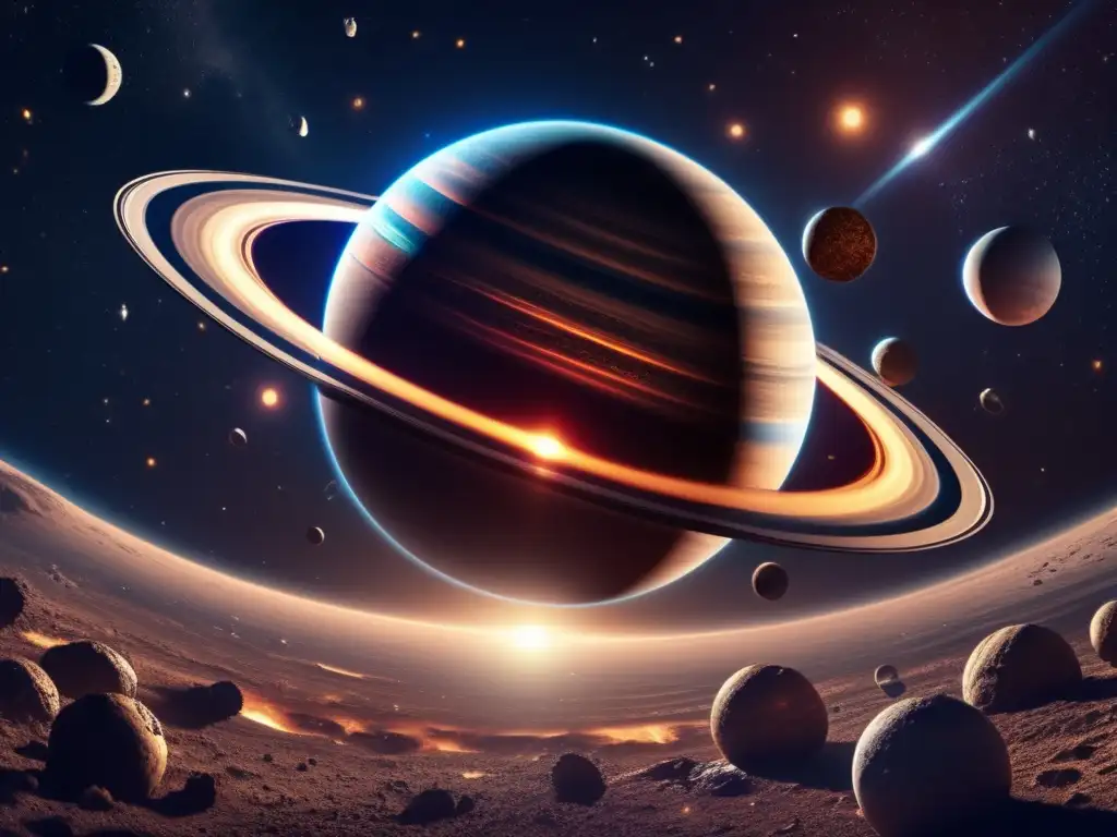 Realistic Orbiting Planet with Space Debris and Spaceship - A breathtaking planet with abundant moons and debris, illuminated by a dramatic low angle shot, with a spaceship flying towards it in the distance -