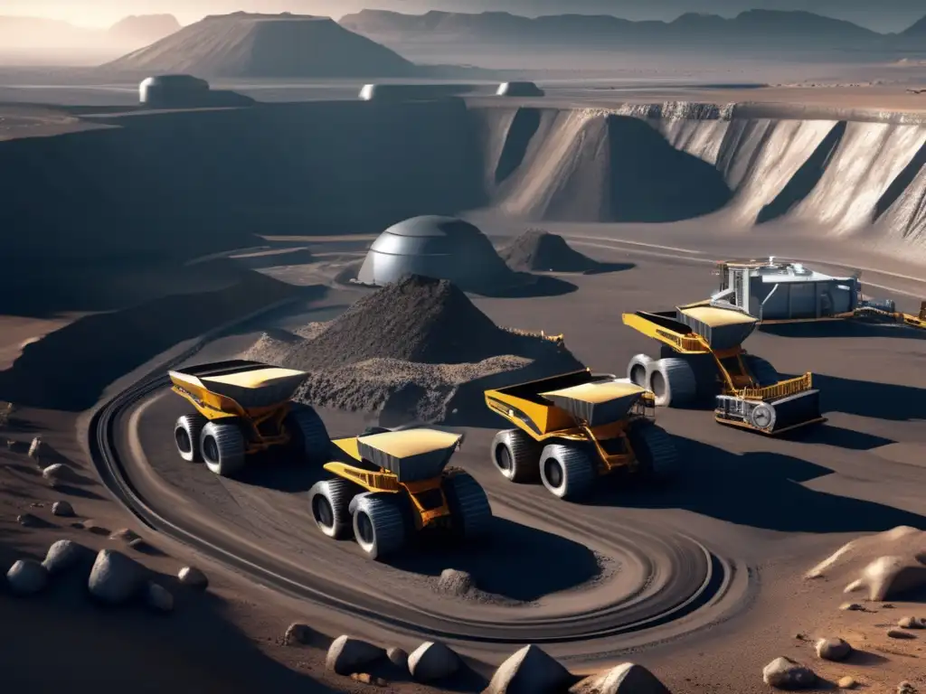 A breathtaking photorealistic image of an aerial view of a mining site on a platinum asteroid
