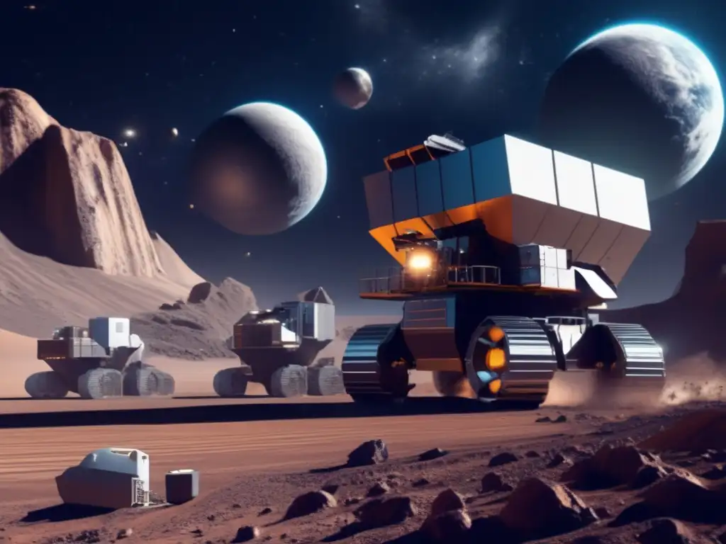 A platinum mining operation in the vastness of space, with advanced technology and machinery at work