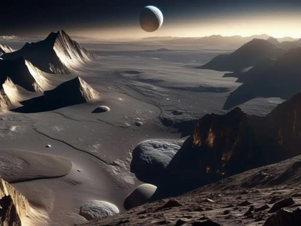 A captivating photograph of Pluto's icy surface, showcasing jagged mountains and deep valleys, illuminated by the radiant sun