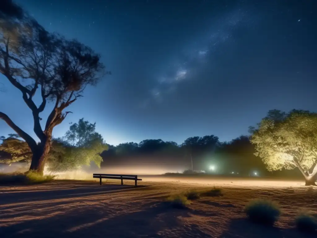 Polluted Night Sky: Multiple Light Sources Cast Shadows on Wildlife In the heart of the city, the night sky is tainted by pollution, casting shadows over the surrounding trees and wildlife