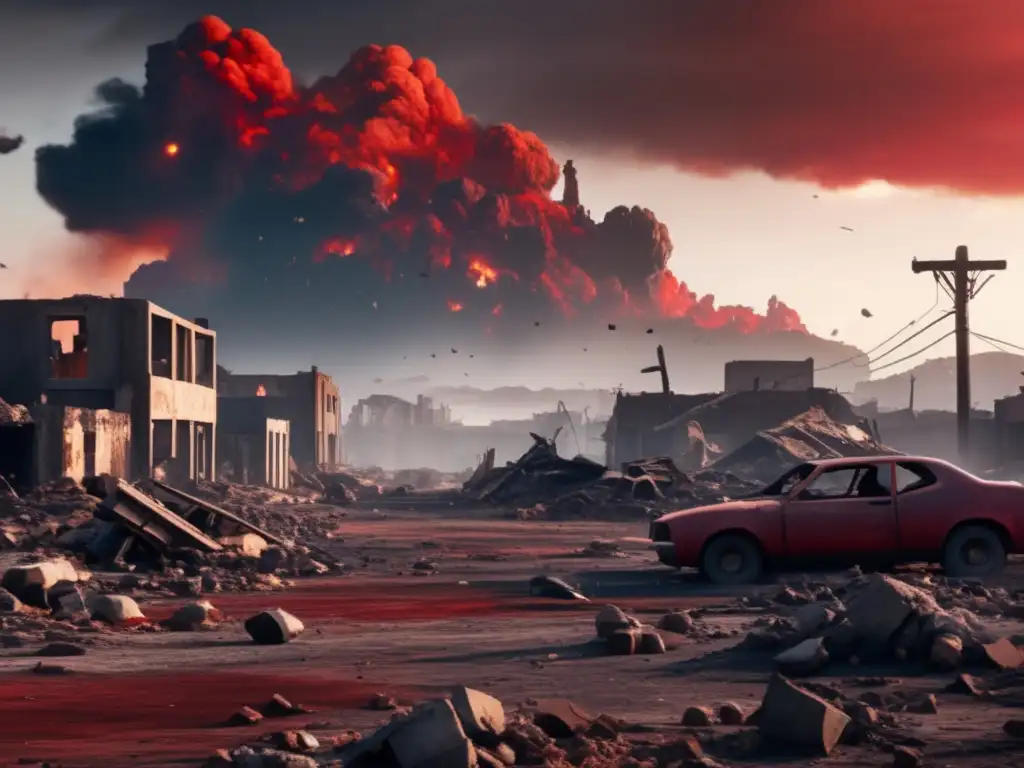Asteroid Apocalypse: Devastation in Red and Ruins This photorealistic image portrays the devastation caused by an asteroid impact on a small town