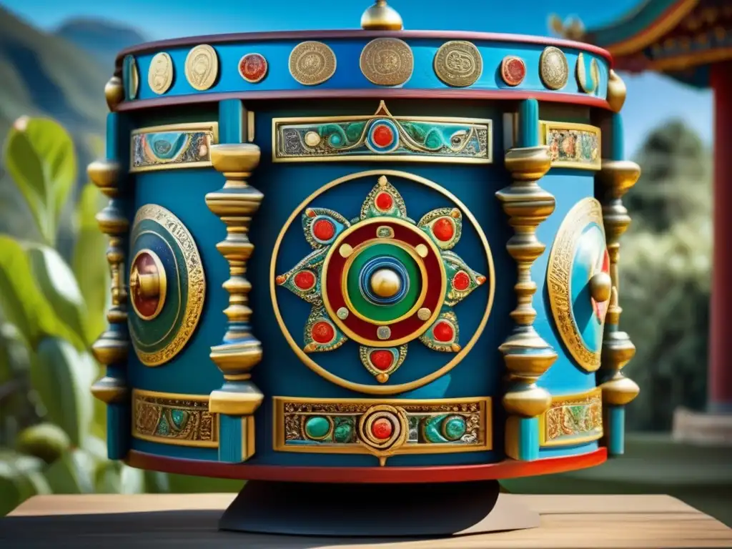 Amidst lush greenery and sky, a meticulously carved prayer wheel, celestial bodies adorned, exudes serenity and wonder in its intricate details