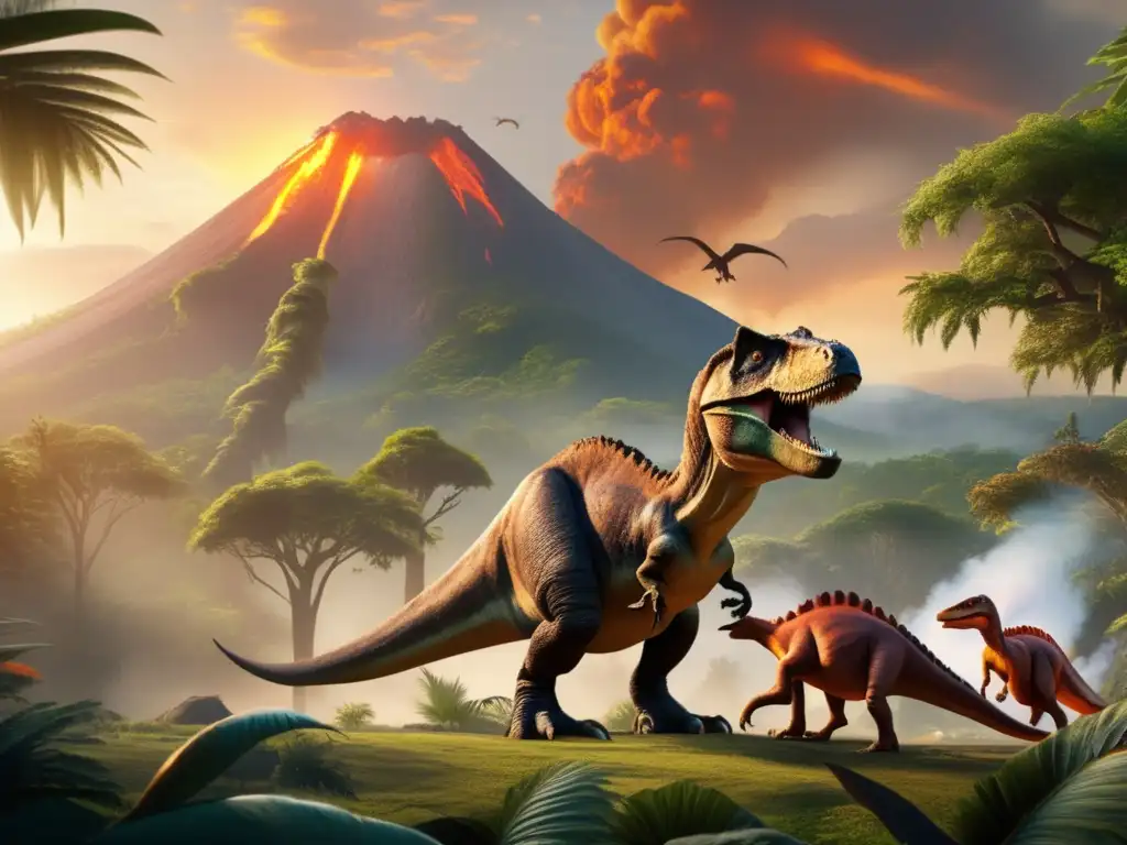 A photorealistic prehistoric forest, lush vegetation towering trees, massive volcano billowing smoke