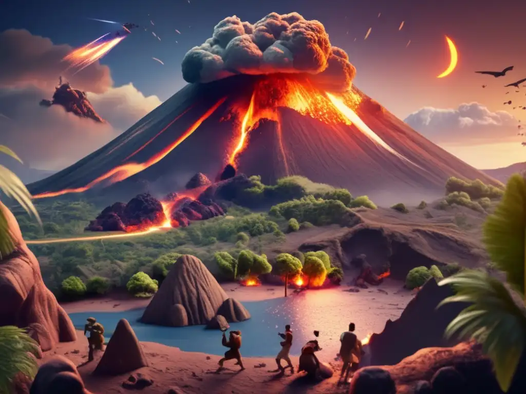 Prehistoric Earth's Fate: A Meteor's Cataclysmic Collision with a Volcano A riveting diorama of a prehistoric Earth, with a meteor falling from the sky and crashing into a dormant volcano, triggering a volcanic eruption