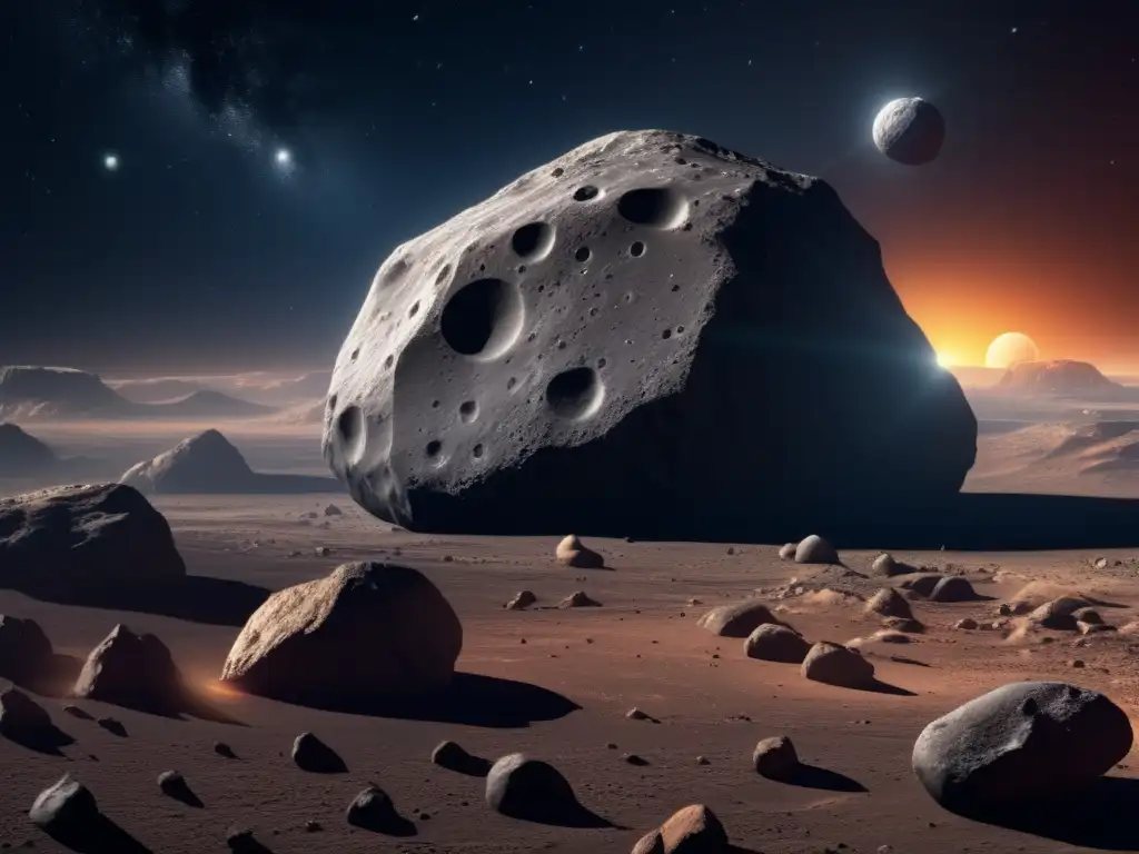 An immersive closeup view of Asteroid Priapus reveals its rugged, photorealistic terrain, with detailed surface textures, craters, rocks, and boulders