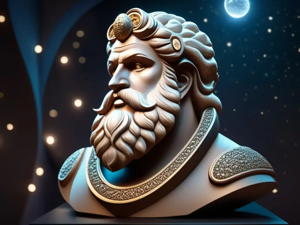 A mesmerizing sculpture of cosmic treasure, Priapus, stands bold and bright against a dark universe backdrop, its intricate texture illuminating the ethereal beauty that lies beyond our world