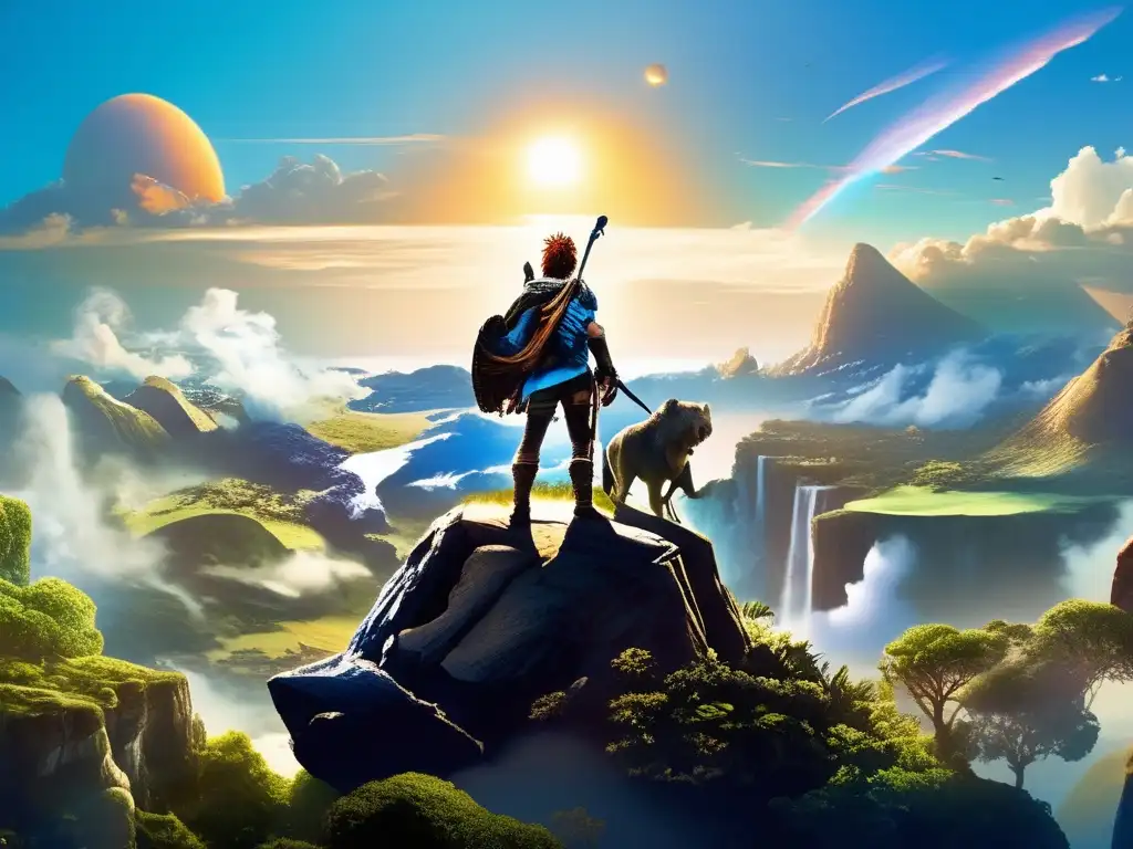A majestic figure rises above a vast lush landscape in the primordial dawn, radiating an aura of serene power