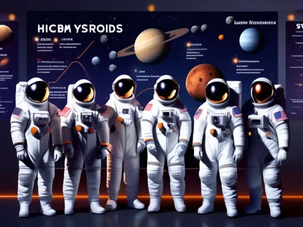 A diverse group of astronauts in high-tech gear stand in a missile silo, gazing intently at a solar system map marked with asteroids