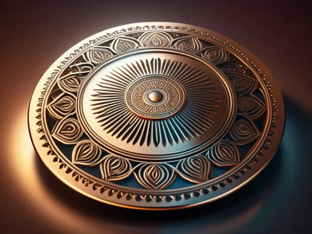 Psyche's Valued Personality: Reddishgold Metal Disk with Intricate Designs A captivating, photorealistic image of a detailed metal disk symbolizing the complexities of the psyche