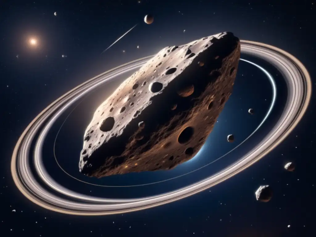 Dash - A breathtaking photorealistic image of the asteroid 16 Psyche flying towards Earth, in golden-highlighted uniqueness