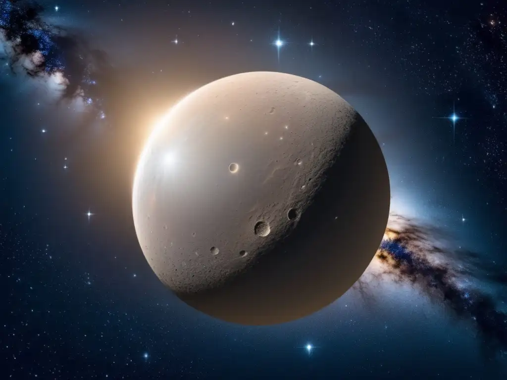 A dazzling image of Quaoar, the dwarf planet in the Kuiper Belt, floating amidst a cosmic sea of stars and galaxies
